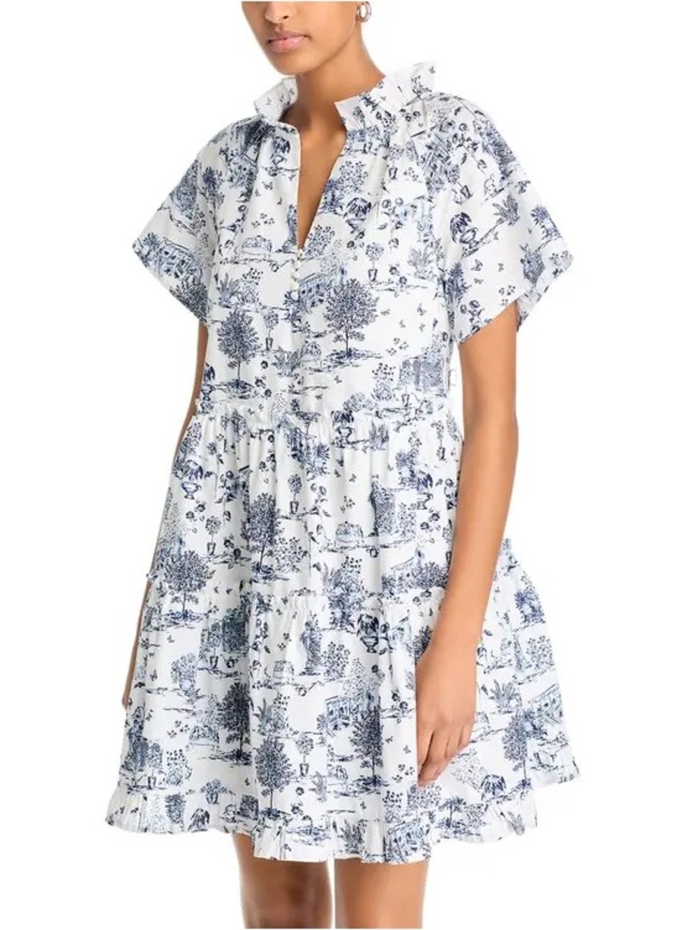 AQUA Toile Short Sleeve Mini Dress – Blue & White – Size S – NWT